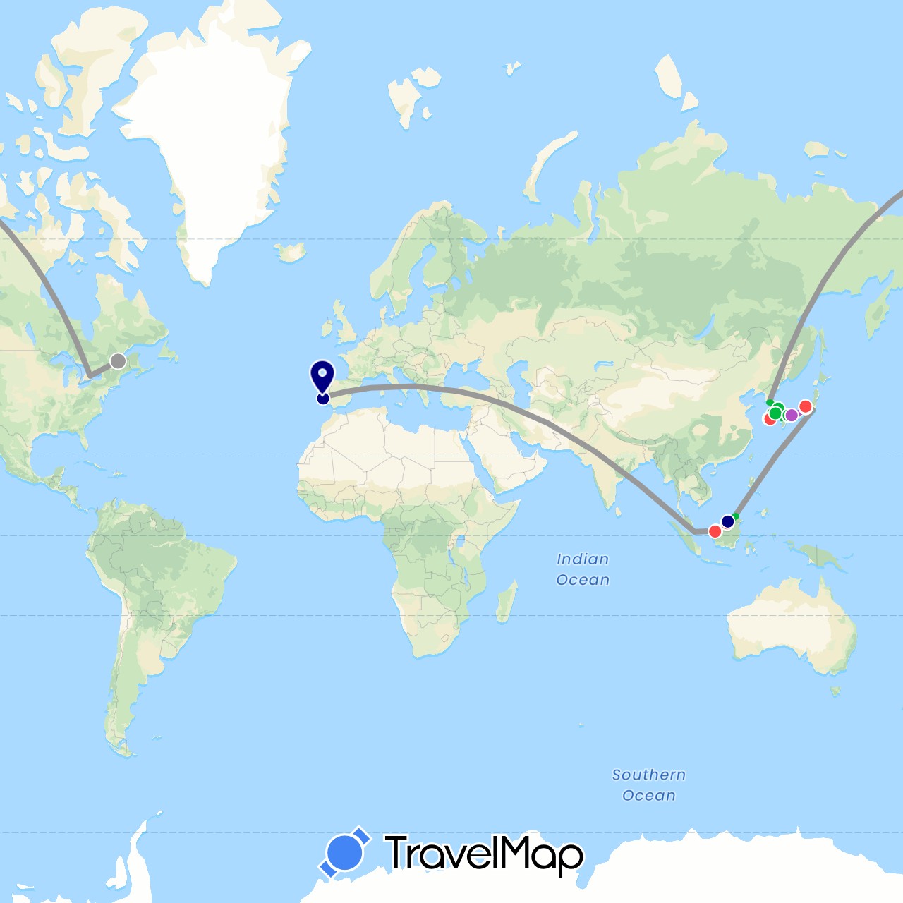 TravelMap itinerary: driving, bus, plane, train, hiking, boat, cable car, ropeway in Brunei, Canada, Japan, South Korea, Malaysia, Portugal, Singapore (Asia, Europe, North America)