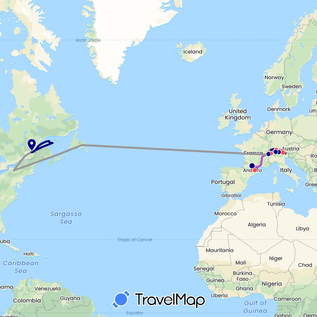 TravelMap itinerary: driving, bus, plane, train, hiking, cable car in Austria, Canada, Switzerland, France, Italy (Europe, North America)